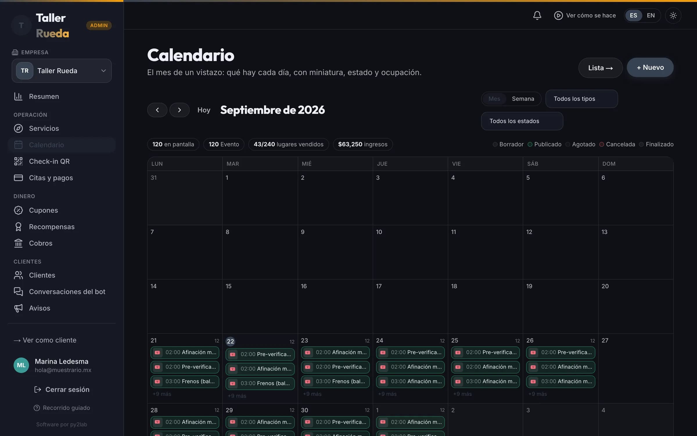 Los horarios del taller, libres y ocupados