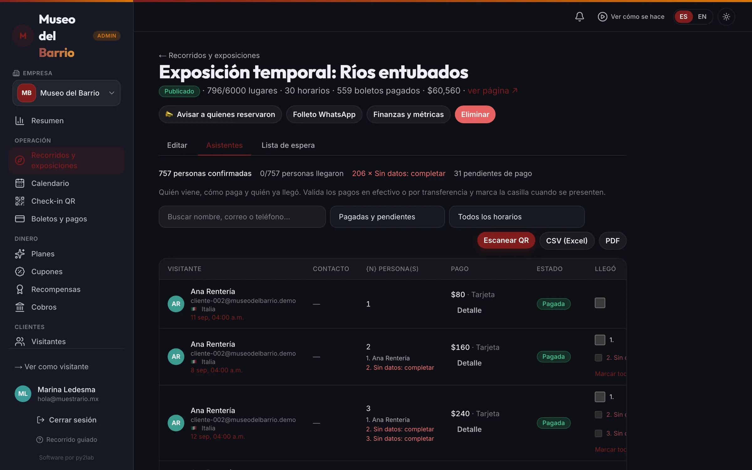La lista de visitantes del recorrido