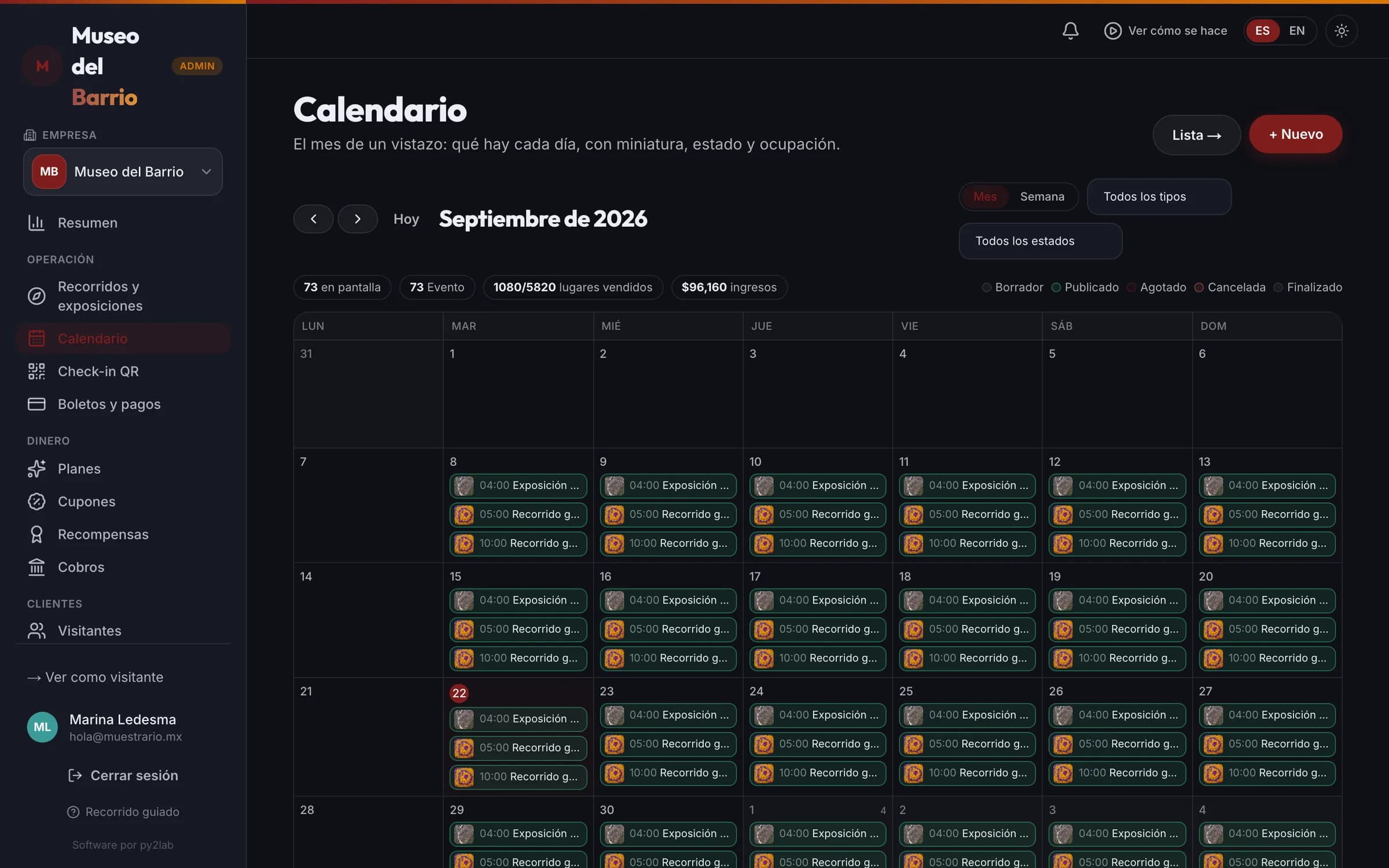 Los horarios de los recorridos en el calendario