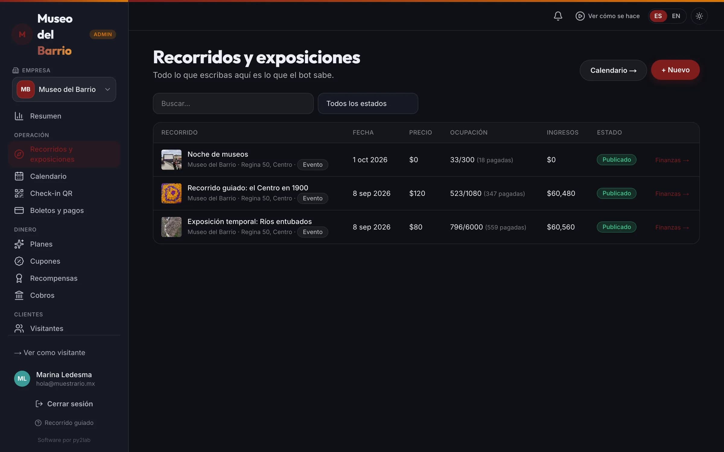 La cartelera de recorridos y exposiciones con su cupo