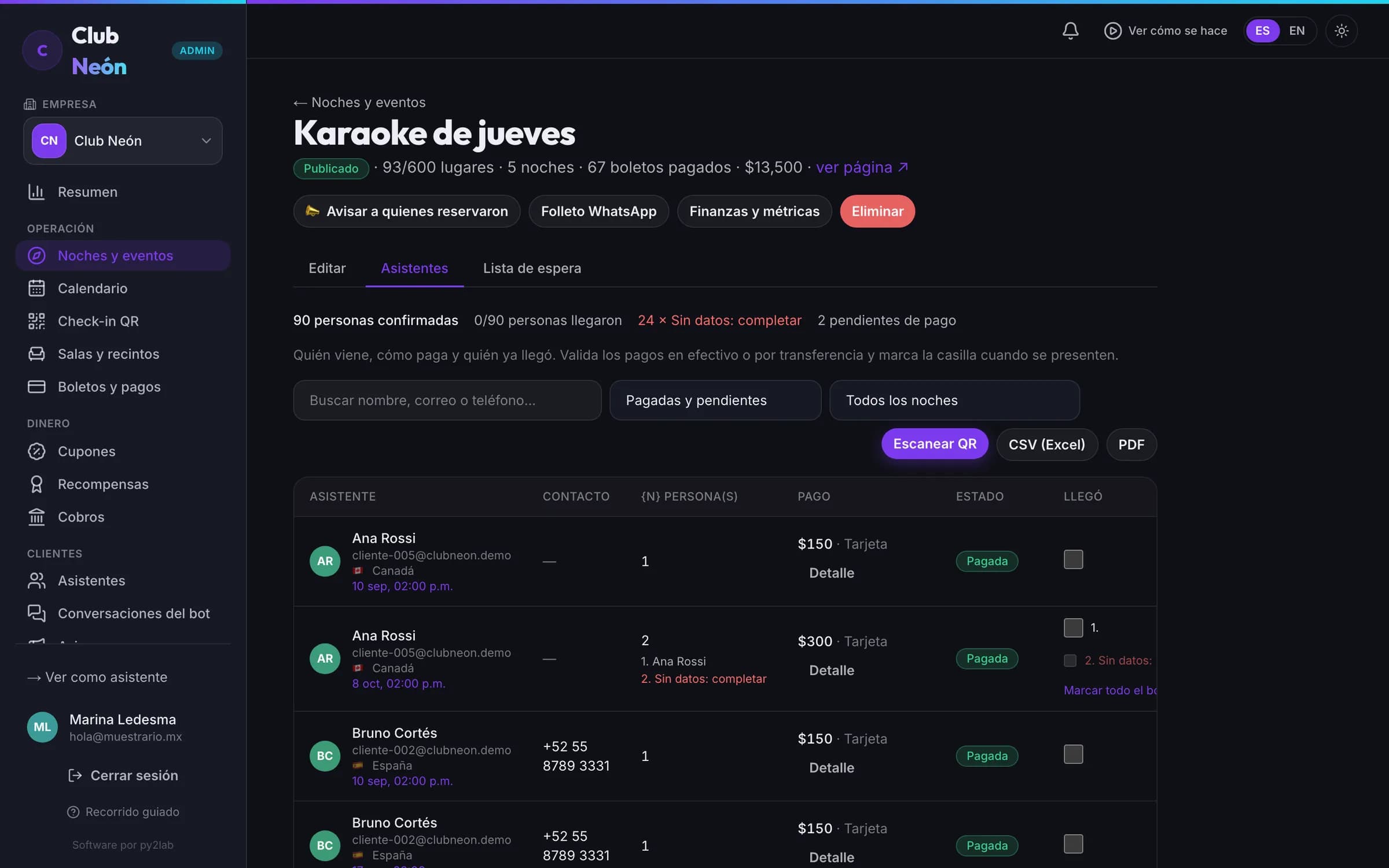 La lista de la noche con el check-in
