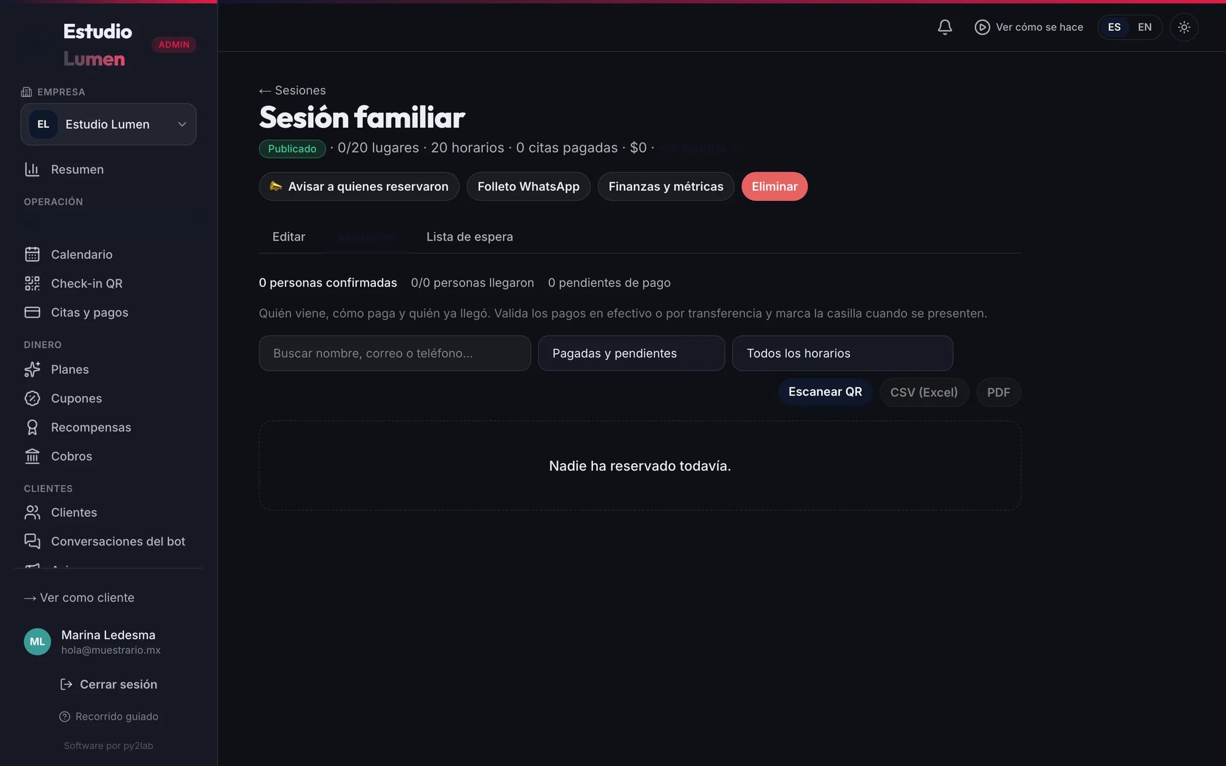 La lista de sesiones del día con sus datos