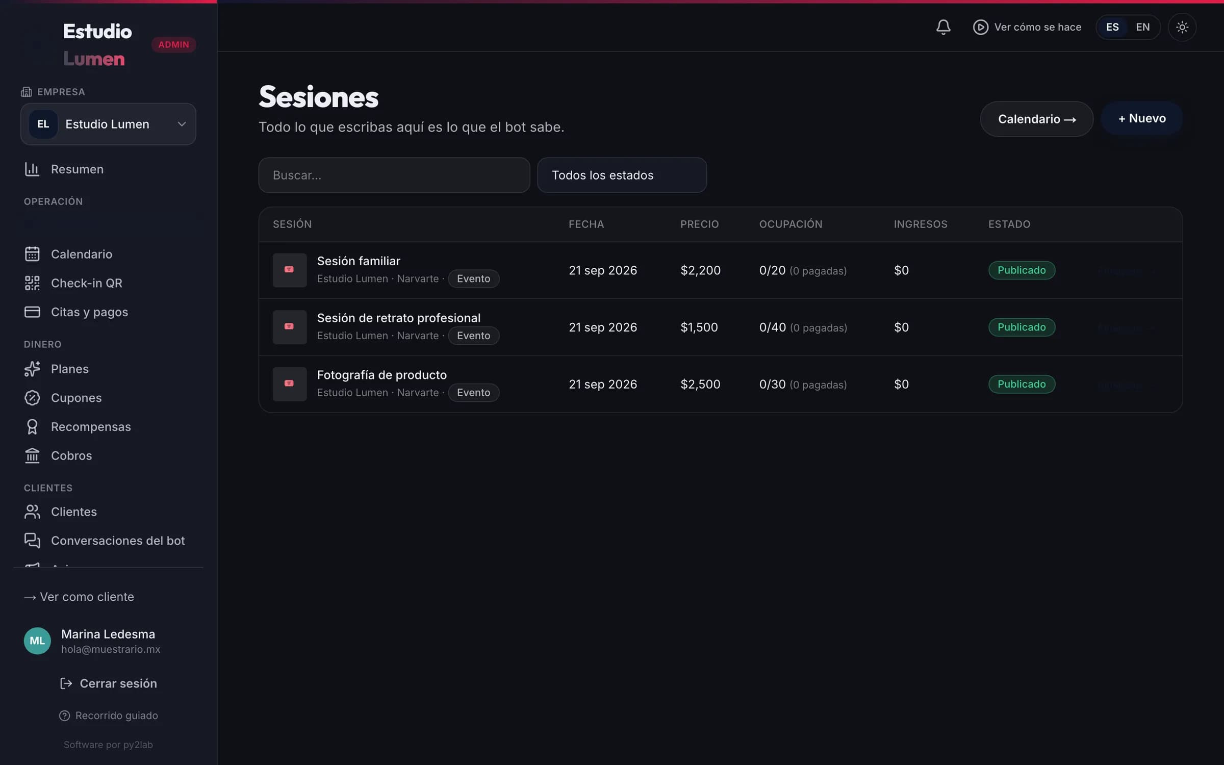 El panel del estudio: sus paquetes con precio y sesiones vendidas