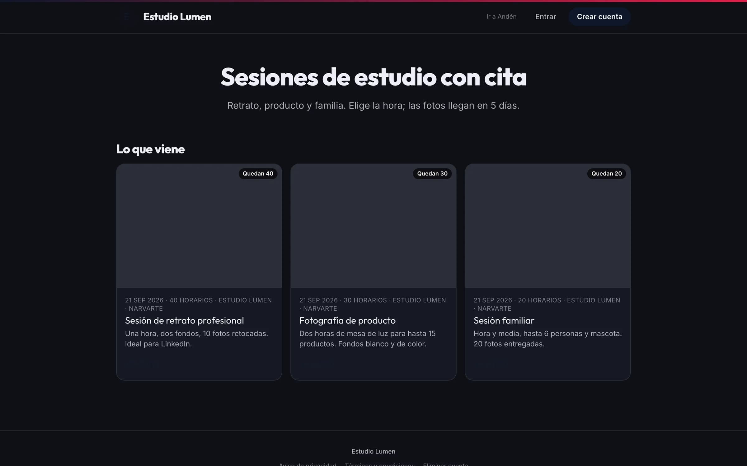El sitio del estudio con su galería y sus paquetes