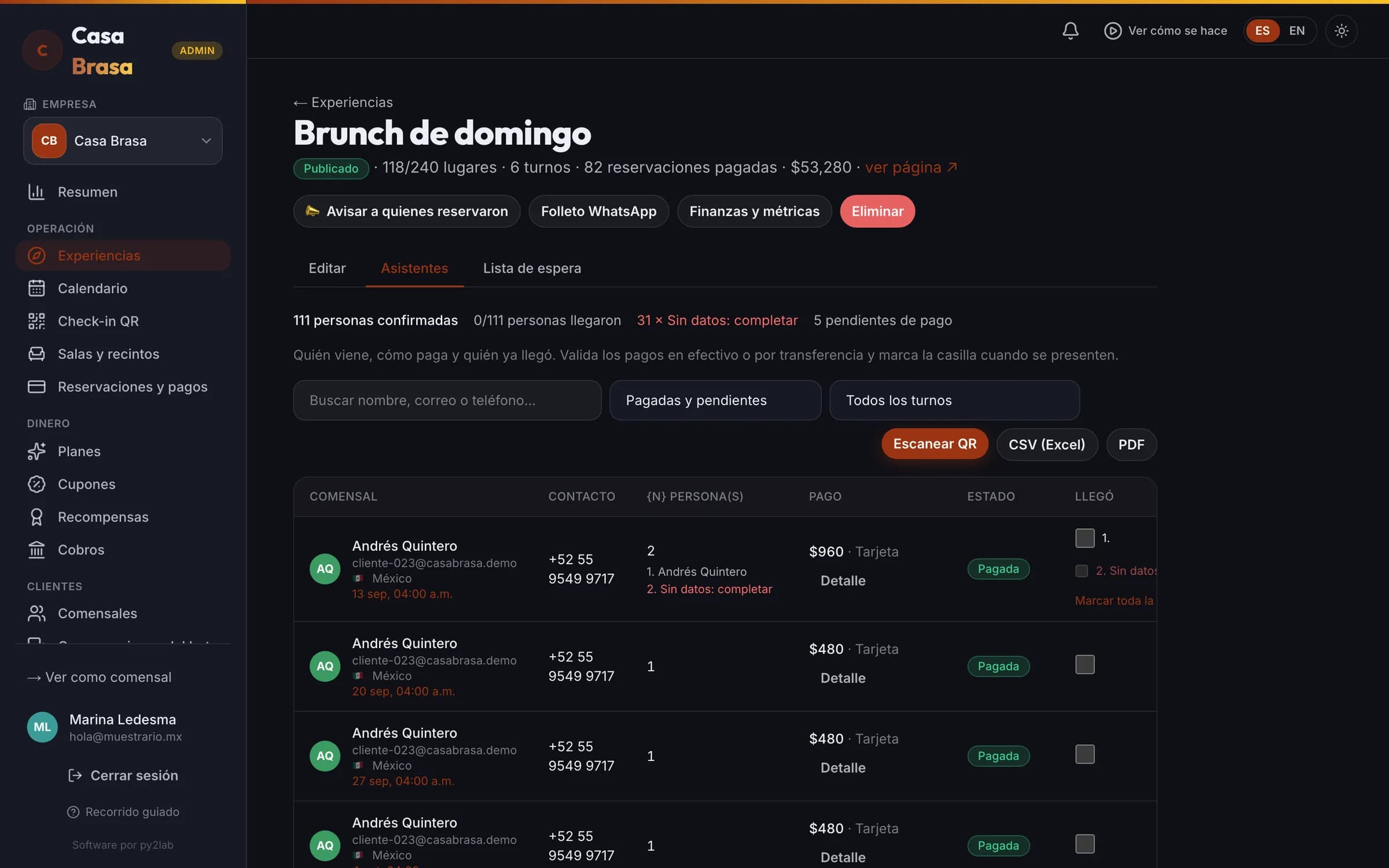 La lista de comensales del turno