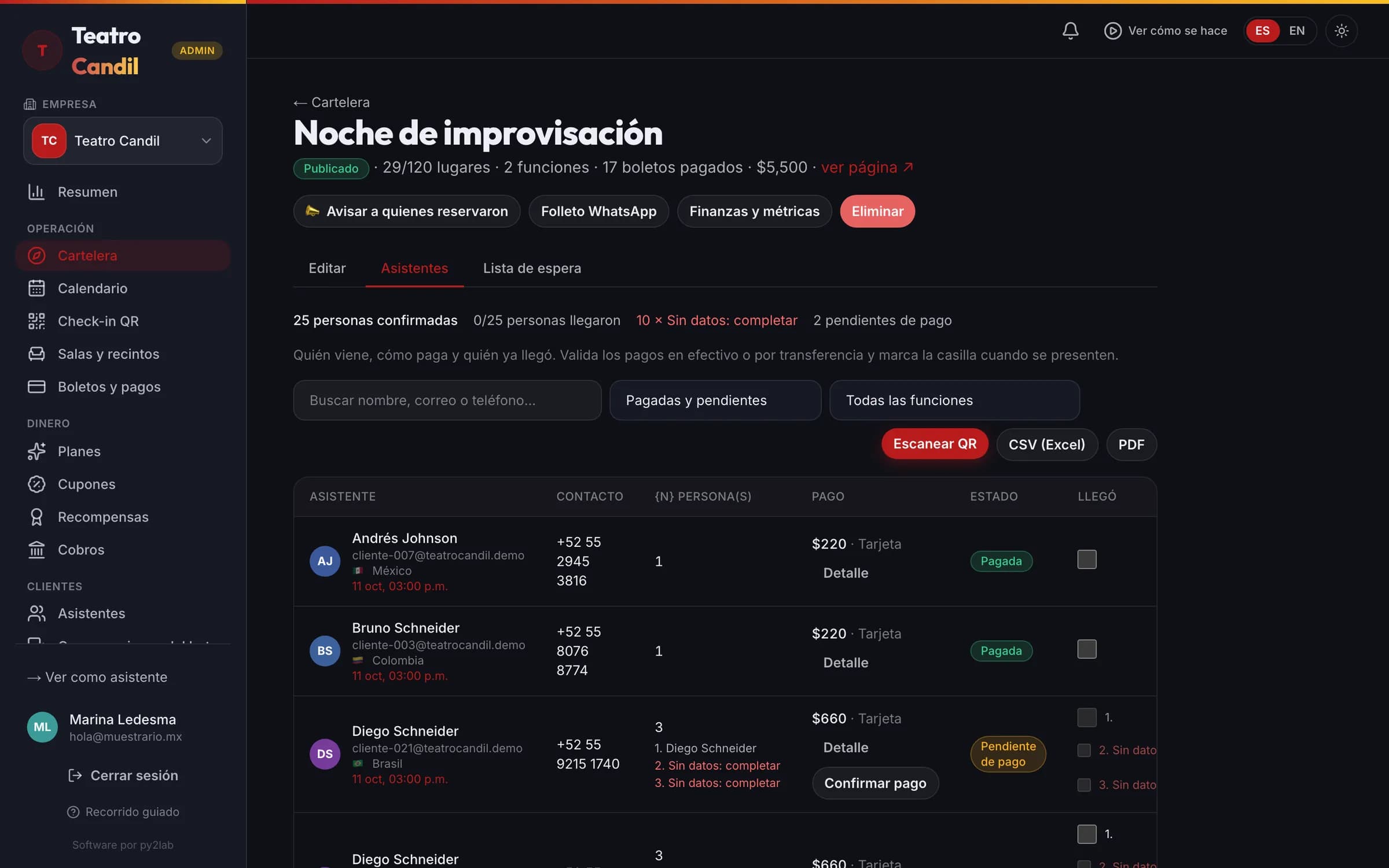 La lista de la función y el check-in en la puerta