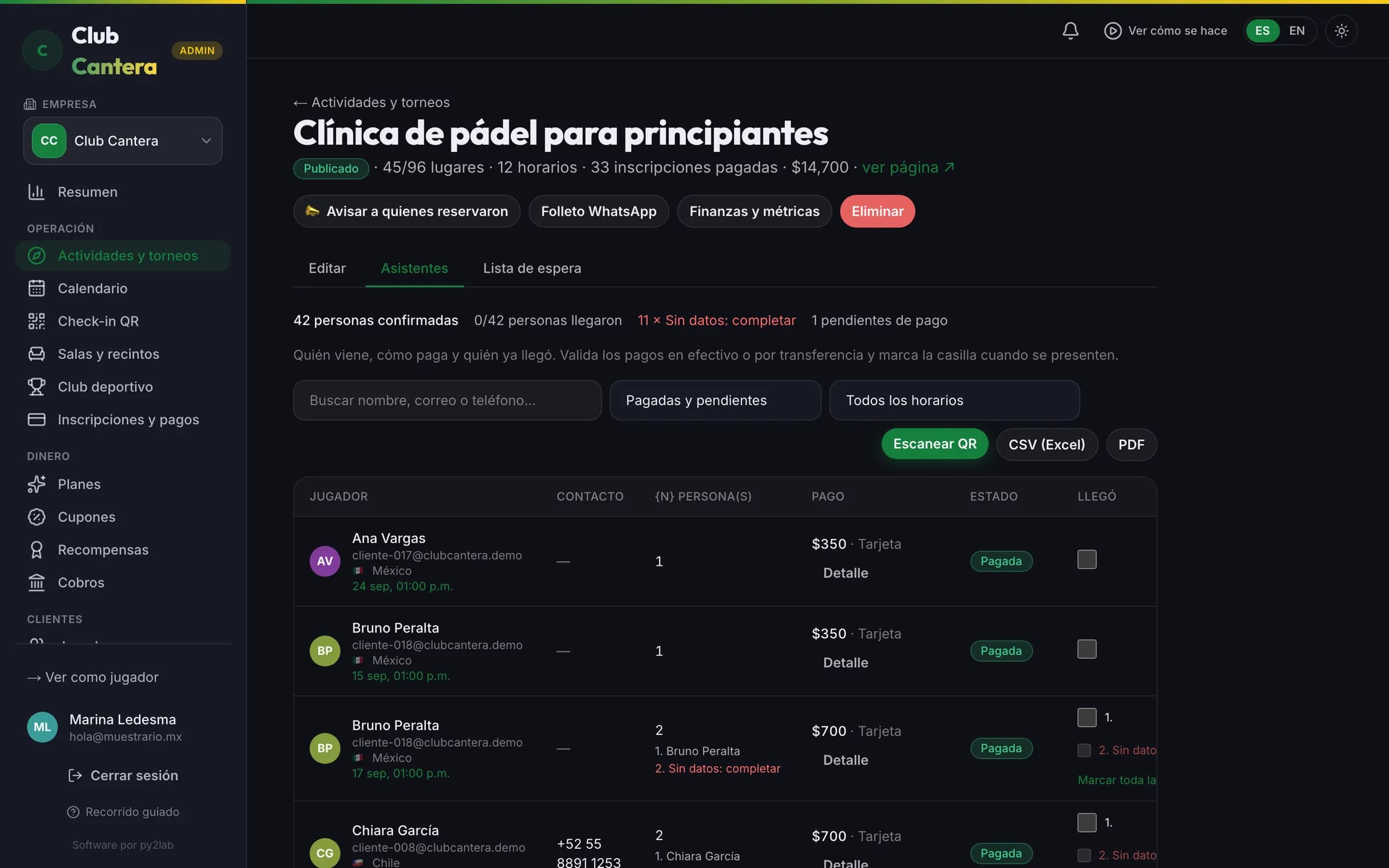 La lista de jugadores inscritos y su check-in