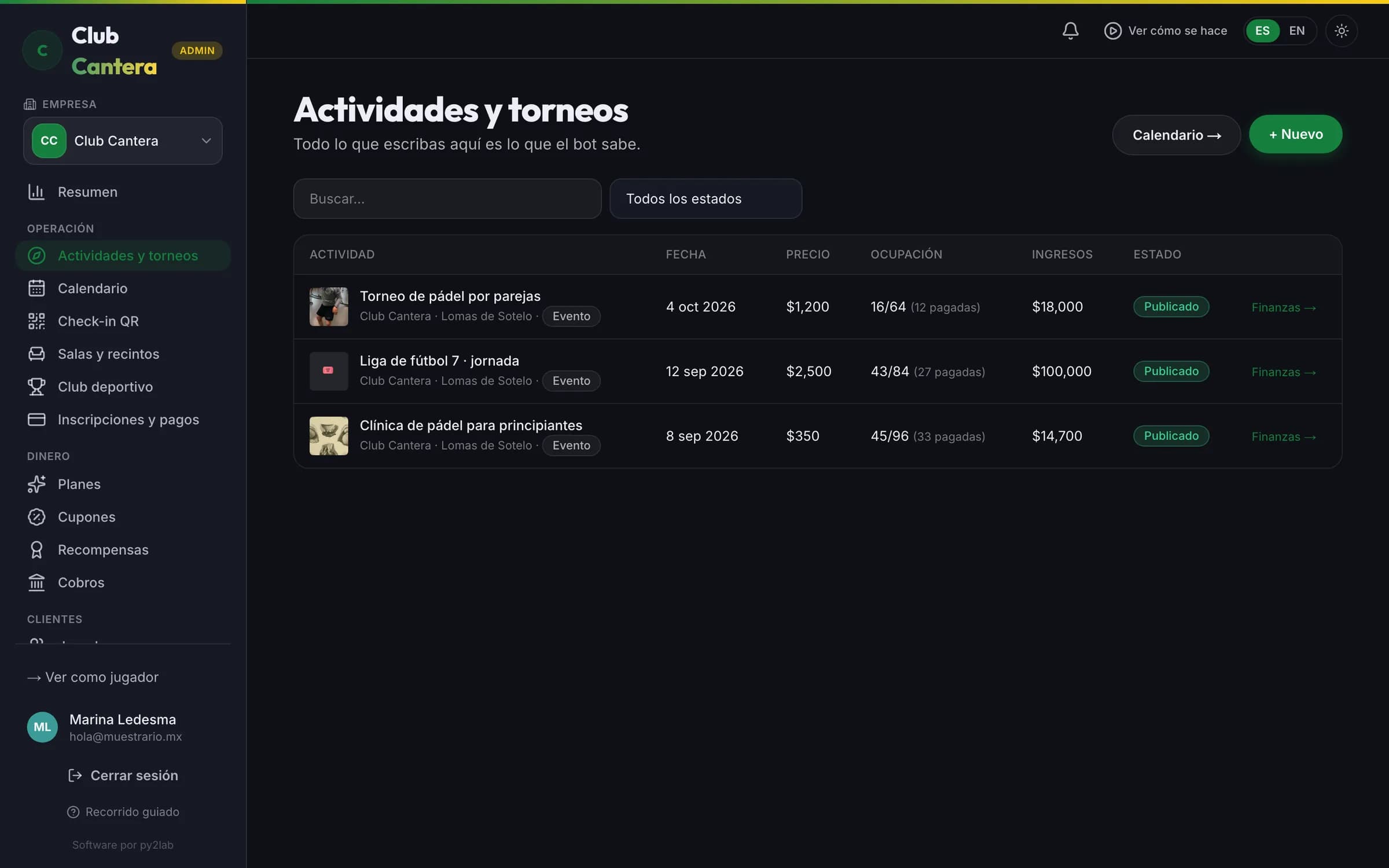 El panel del club: actividades, torneos y canchas con su cupo