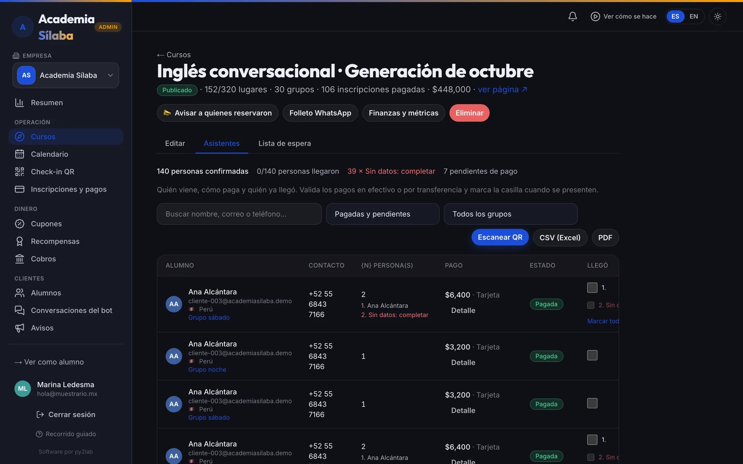 La lista de inscritos de un grupo y su lista de espera