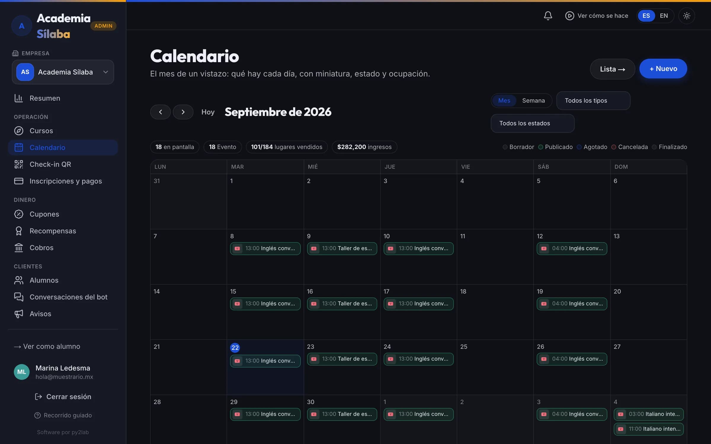 Los grupos de cada curso en el calendario, con su cupo
