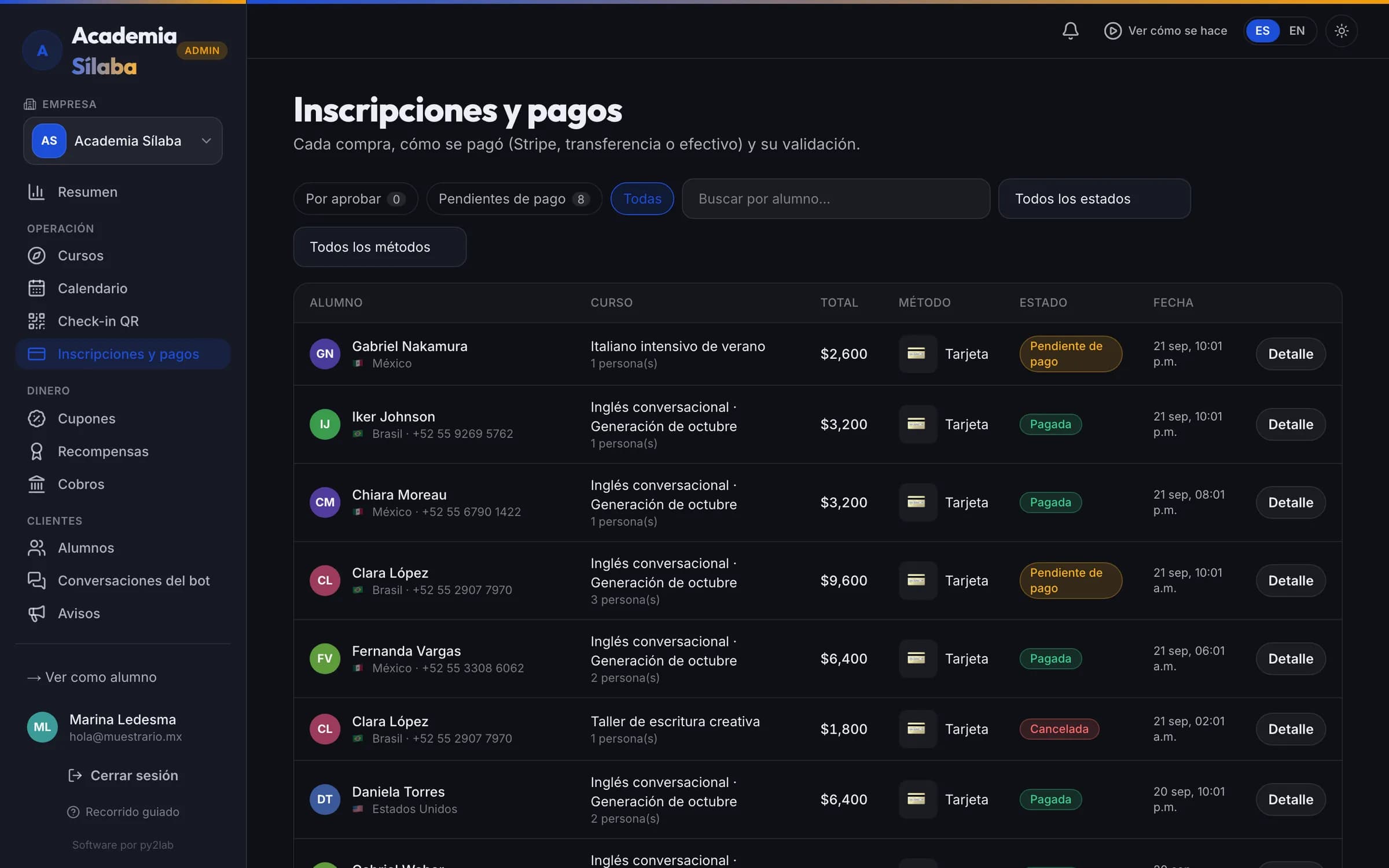 Los cobros del curso, con descuentos y comprobantes