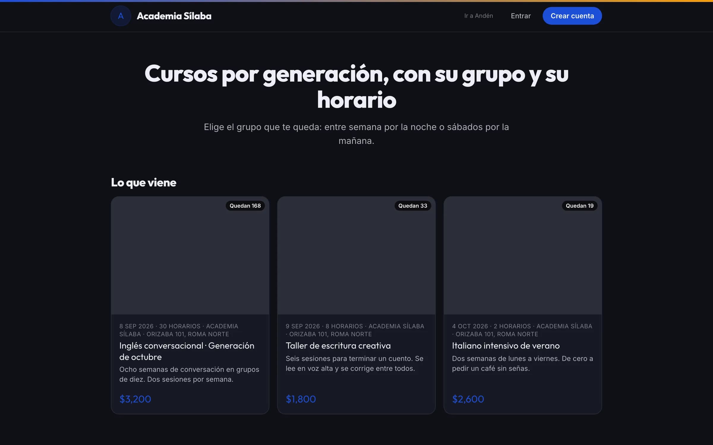 El sitio de la academia, con su marca y sus cursos