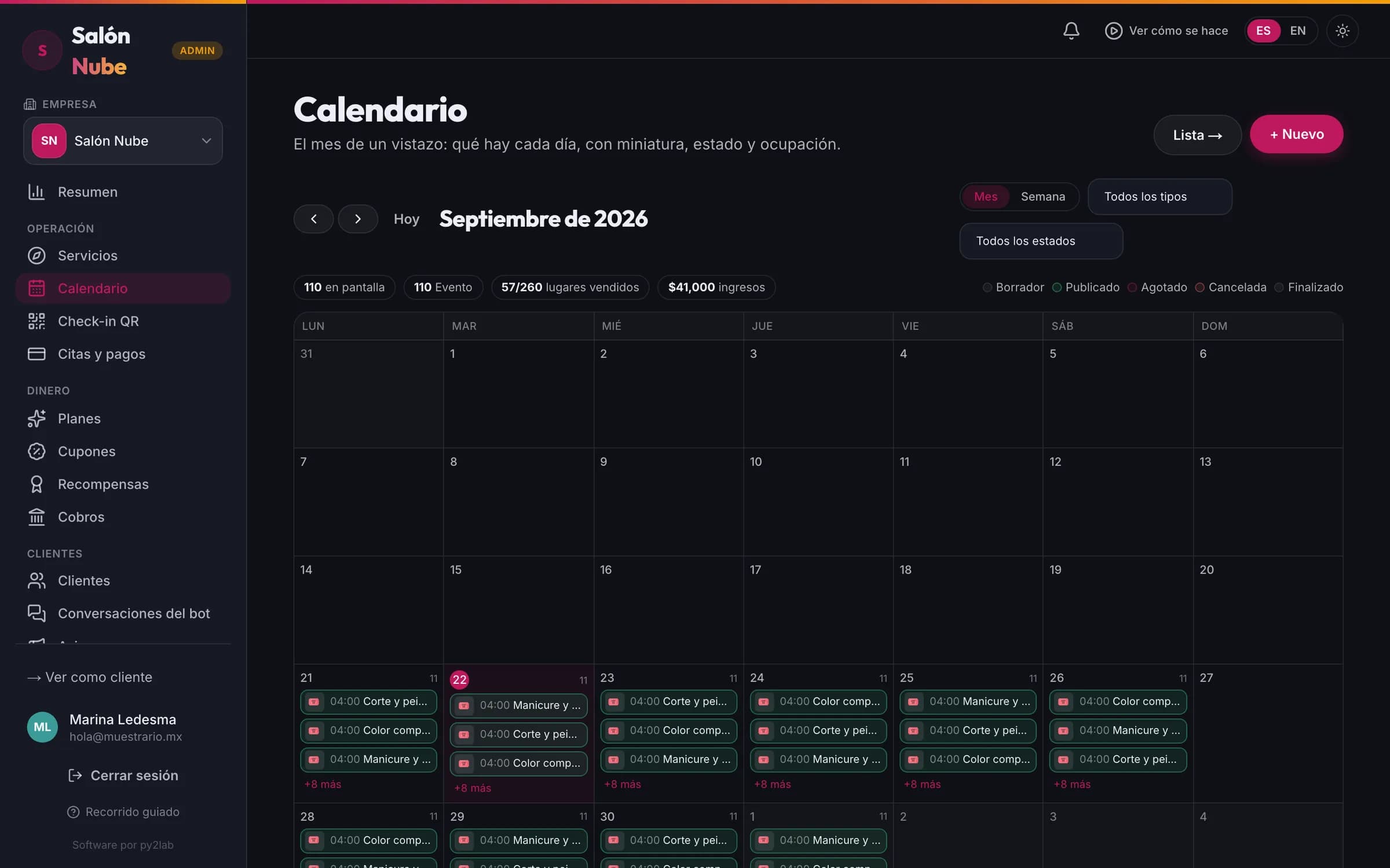 Los horarios del salón, libres y apartados