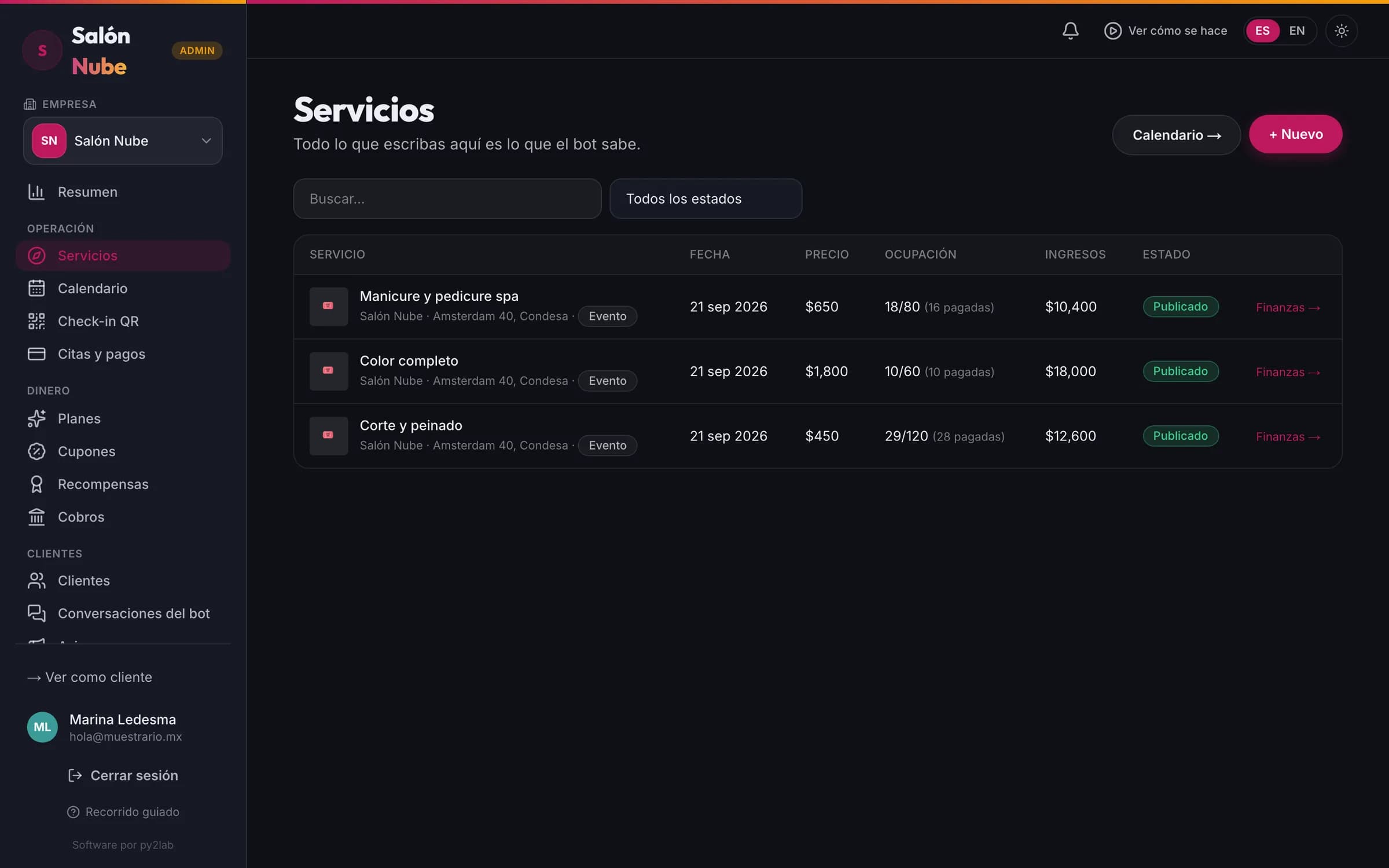 El panel del salón: sus servicios con duración, precio y cupo