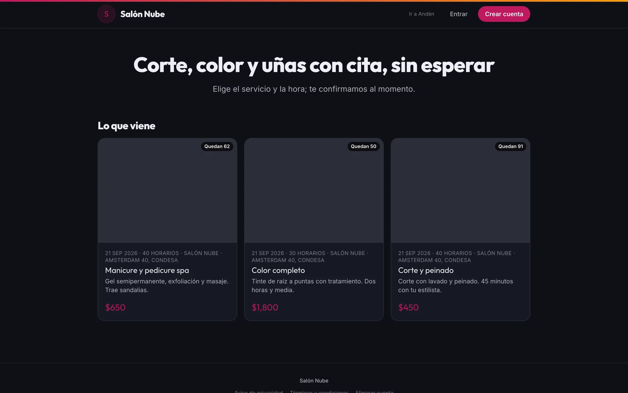 El sitio del salón, con su marca y sus servicios