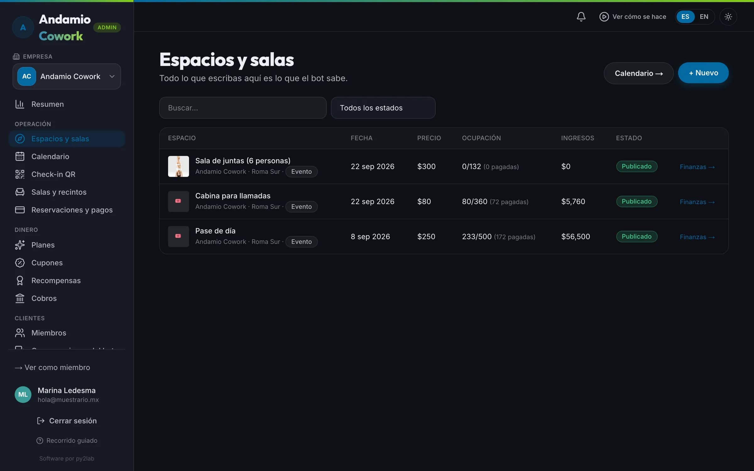 El panel del coworking: salas y escritorios con su precio por hora