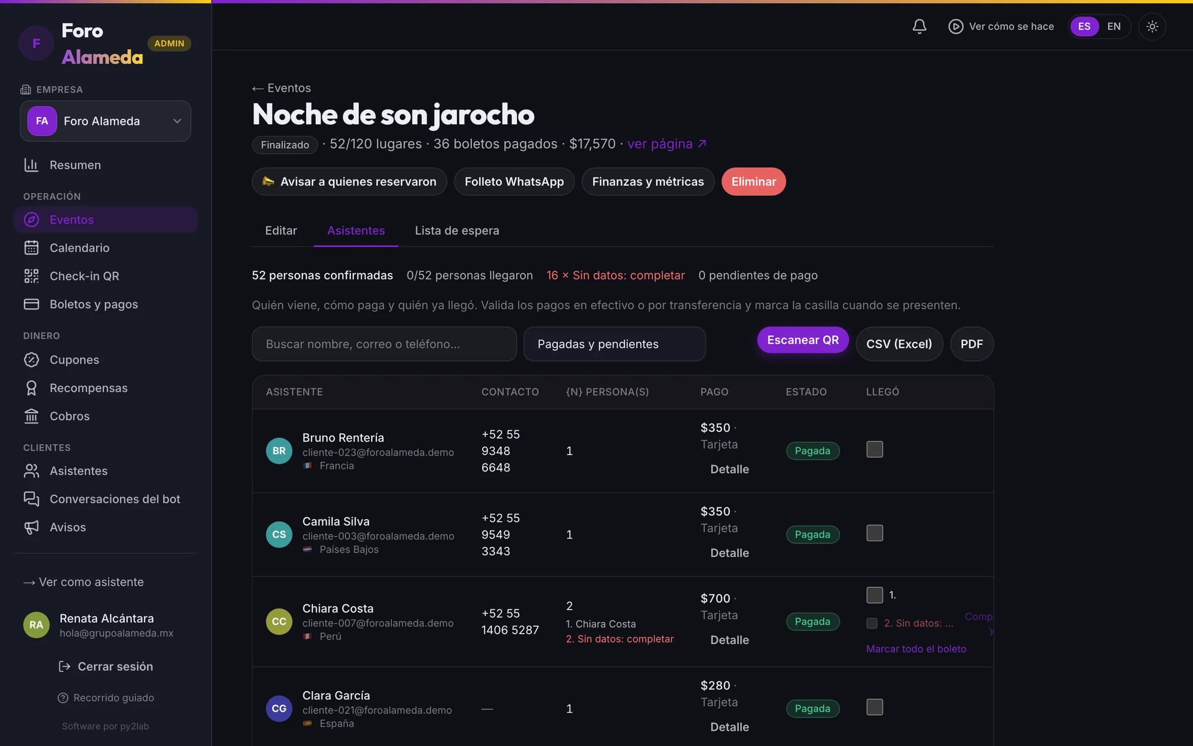 La lista de asistentes con su check-in