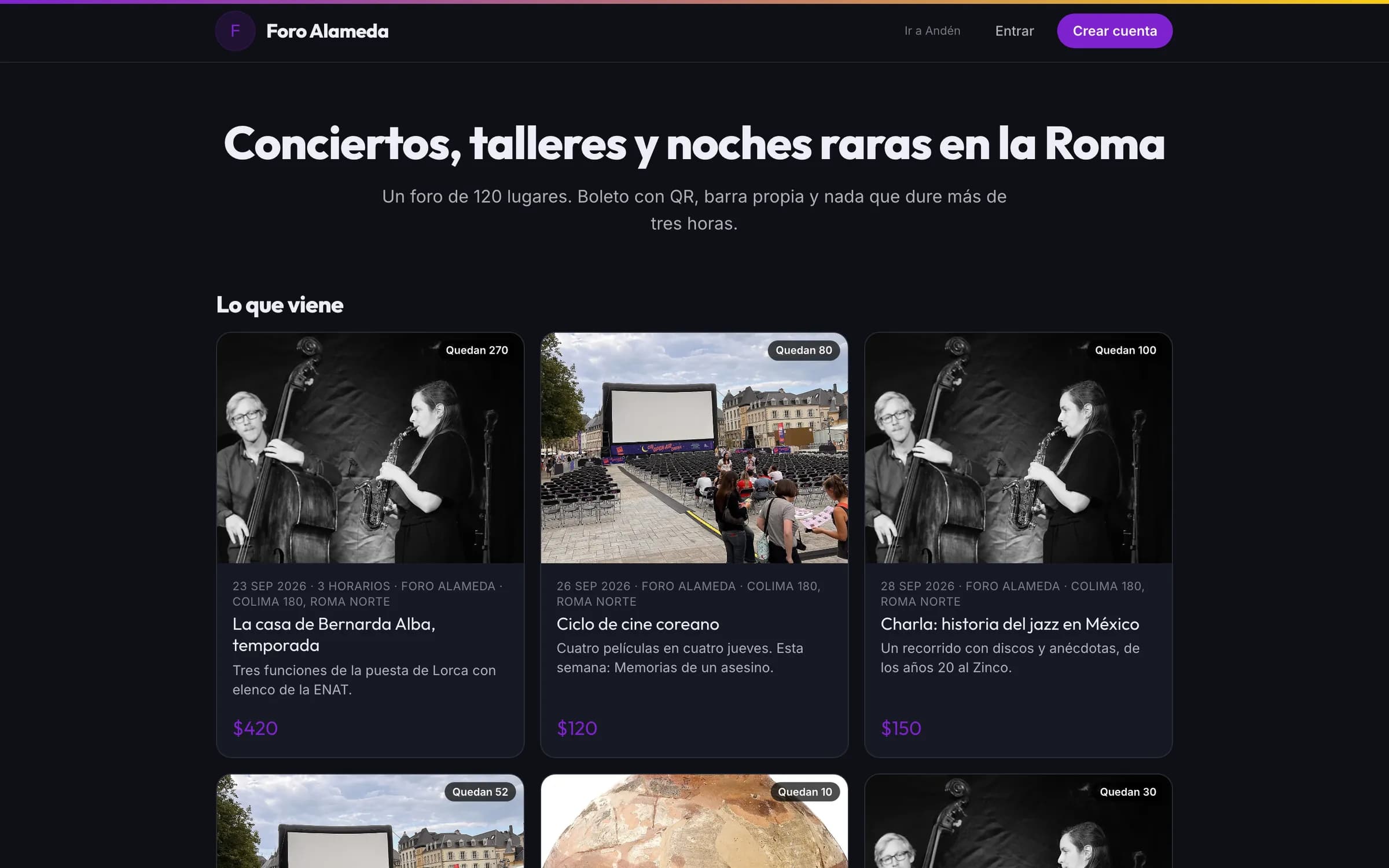 El sitio público del organizador con sus eventos