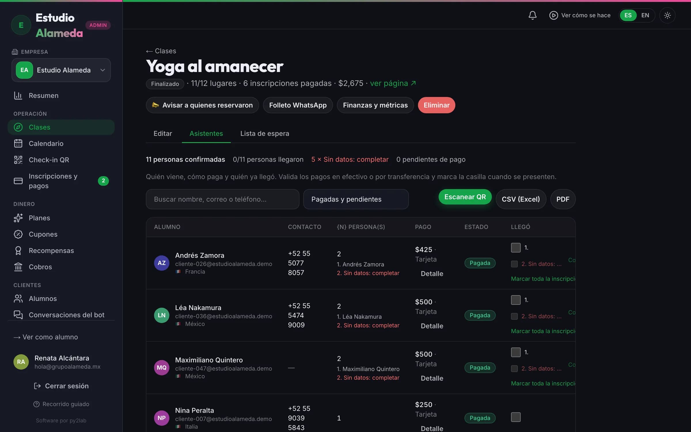 La lista de quién llega a la clase, con su check-in