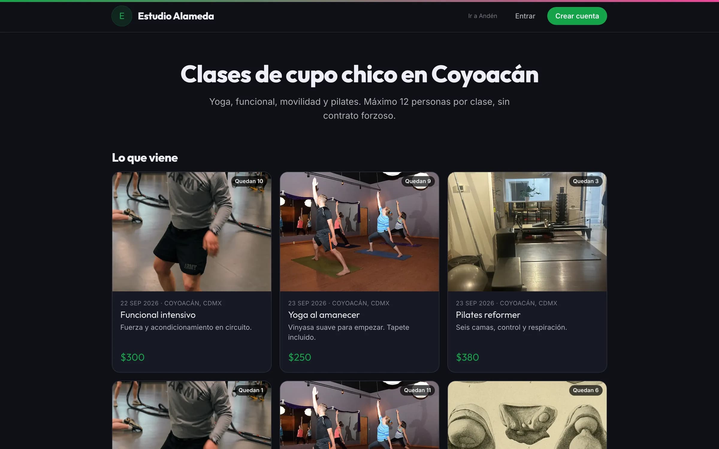 El sitio del estudio, con su marca y sus clases