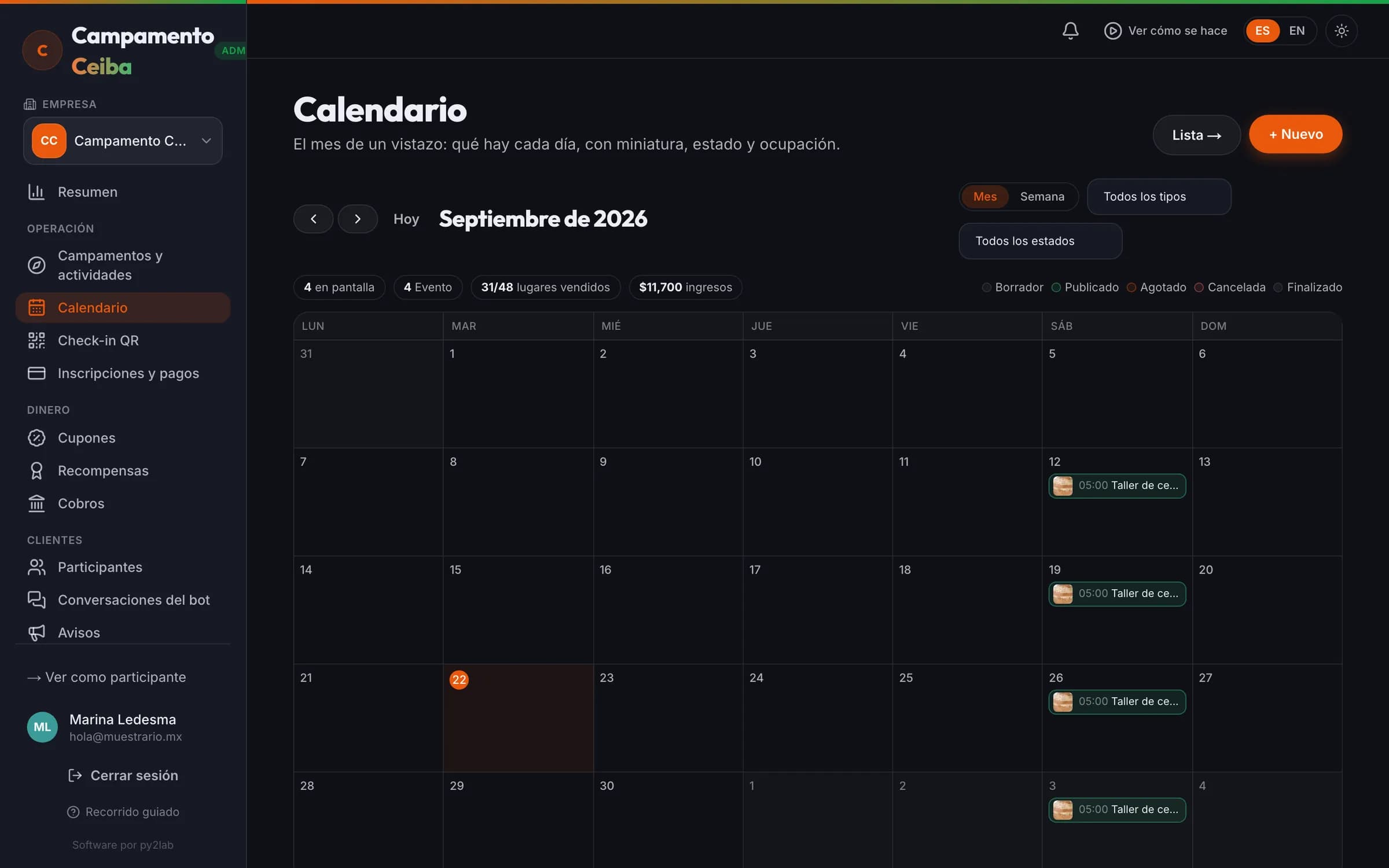 Los turnos del campamento en el calendario