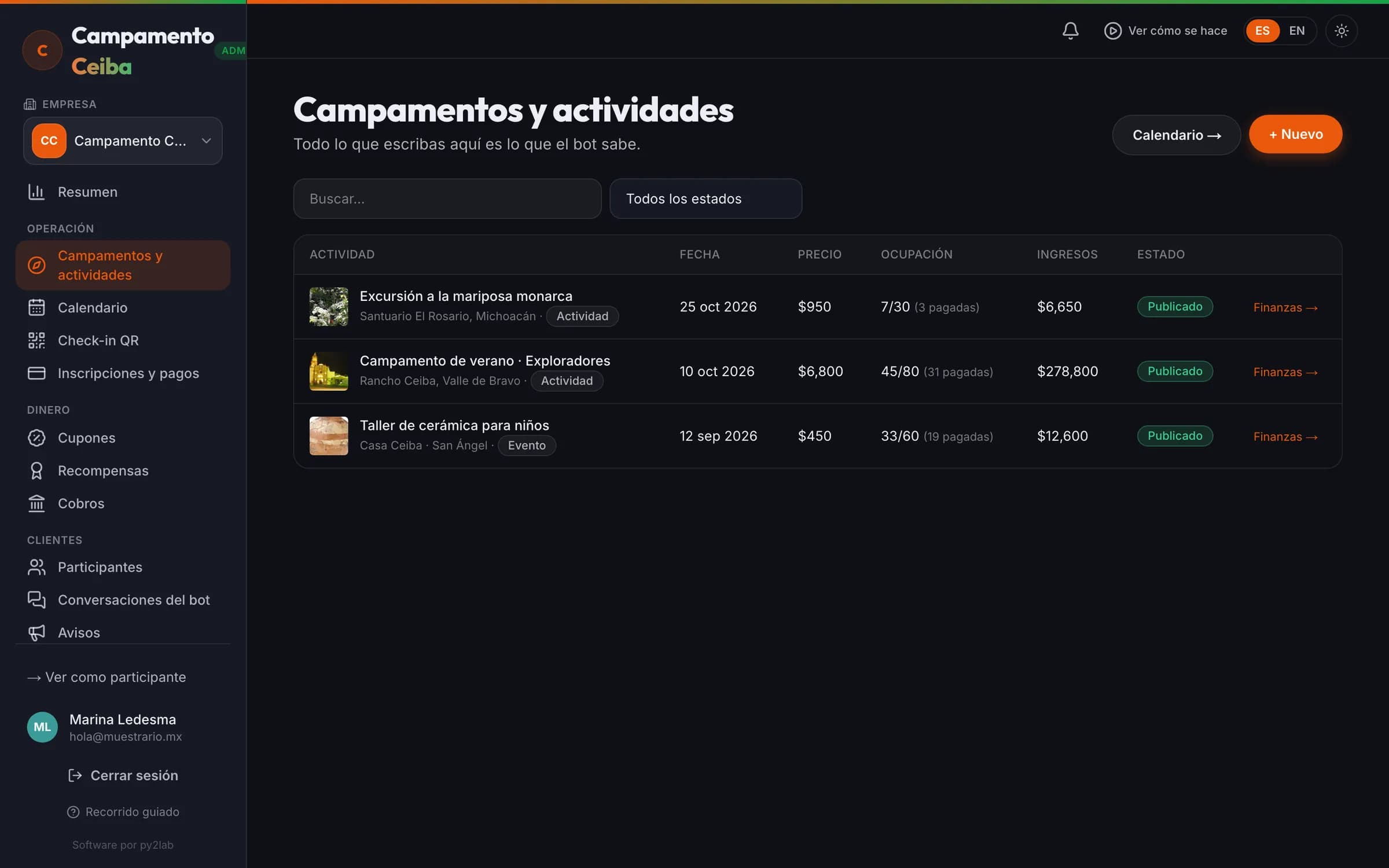 Los campamentos publicados con sus turnos y su cupo
