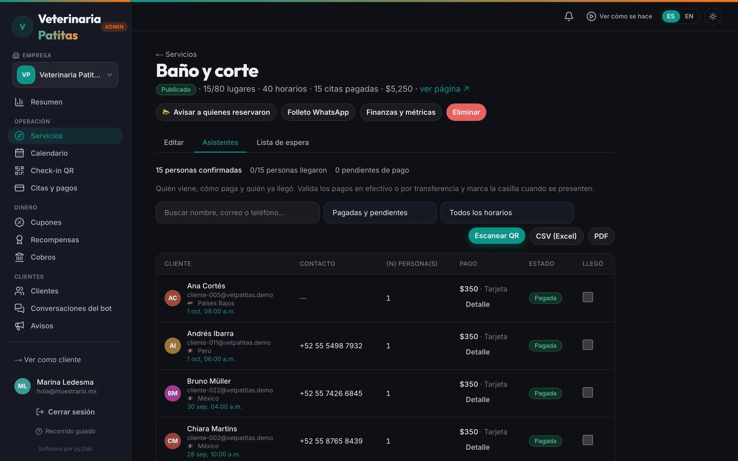 La lista del día con el nombre de cada paciente