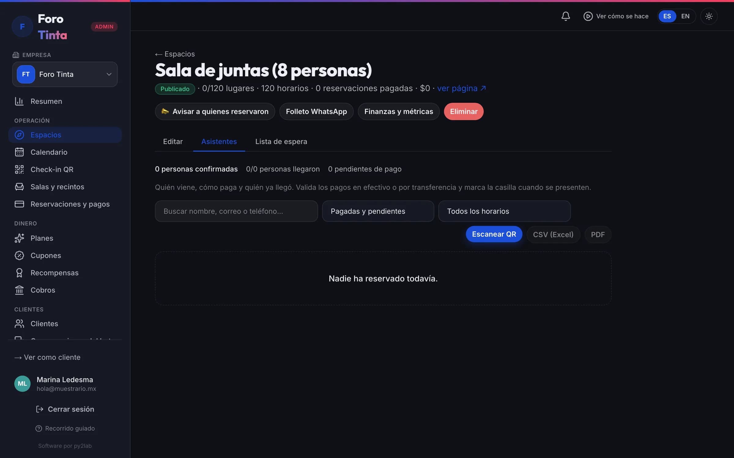 Las reservas del espacio con sus datos